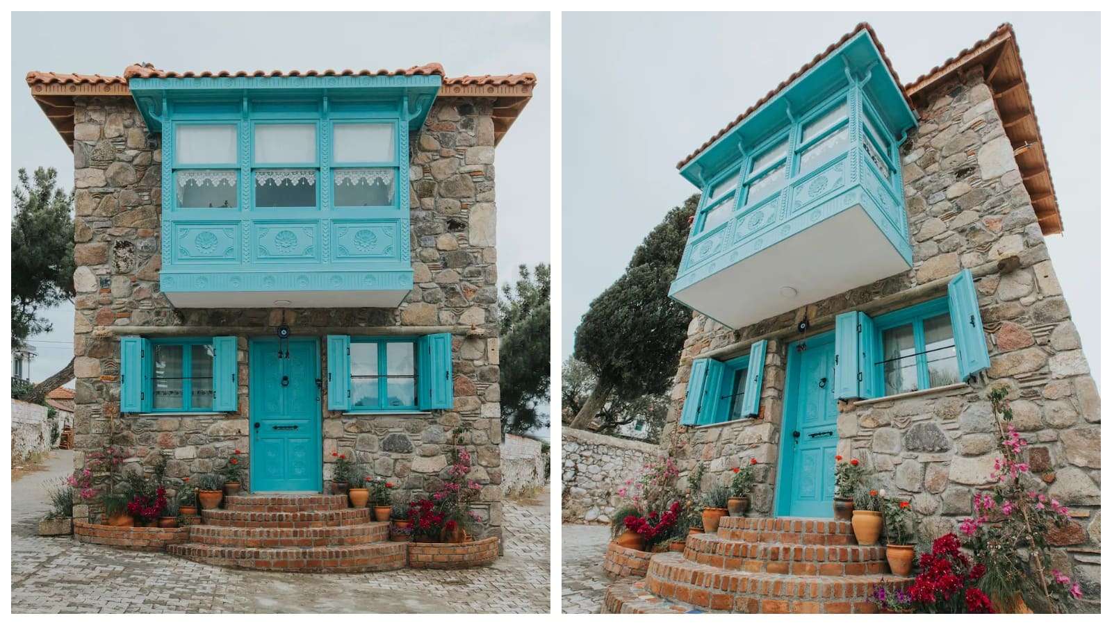 Stone Small House with Colorful Bay Window